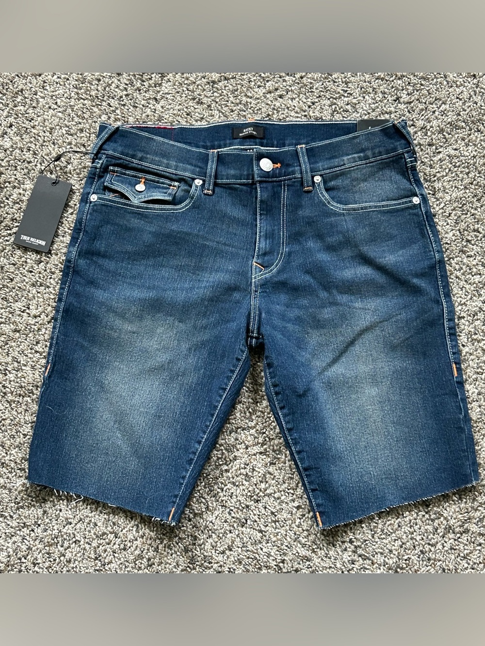 True Religion Ricky Flap Jean Shorts Raw Hem Dark Lunar Blue Size 34